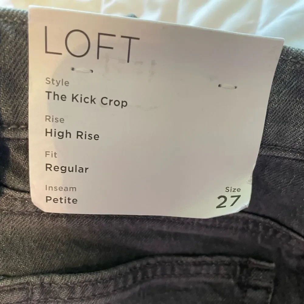LOFT The Kick Crop High Rise Dark Gray Jeans Frayed Hem Size 4 Petite